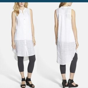 Eileen Fisher Mandarin‎ Collar white Linen Shirtdress Semi sheer Size PL